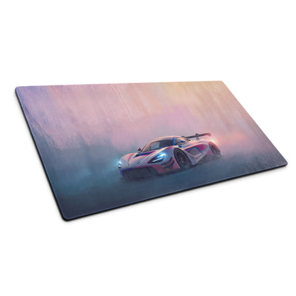 A sleek rectangular mclaren 720s gt3 inspired neon track gaming mousepad with vibrant sports car and stitched edges