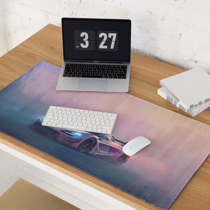 Rectangular xl gaming mousepad with vibrant gradient sky and pink blue McLaren 720S GT3 neon racing car design