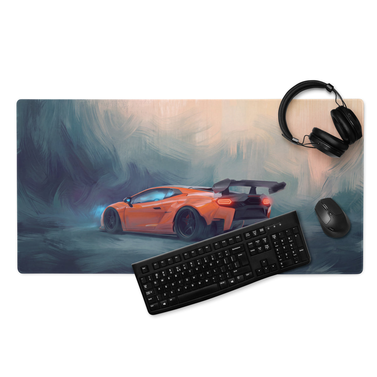 Custom Lamborghini inspired arancio track extended non slip PC mouse pad with orange sports car graphic design