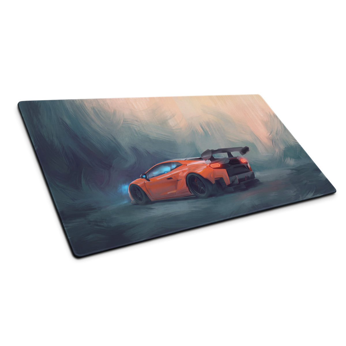 Custom lamborghini inspired arancio track extended non slip mouse mat with orange sports car graphic on a rectangular surface