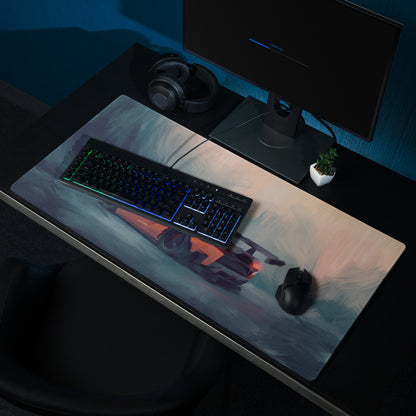 Custom lamborghini inspired arancio track desk pad with vibrant orange and black futuristic vehicle on blue gray mouse mat