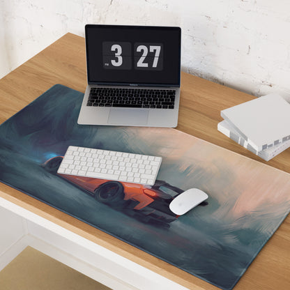 Custom lamborghini inspired arancio track desk pad is an orange and black racing car graphic mousepad with a textured surface