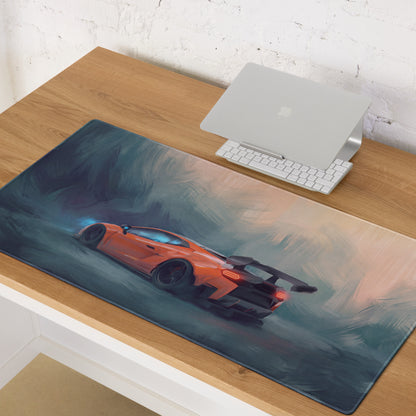 Custom lamborghini inspired arancio track desk pad featuring orange sports car graphic on dark blue gray non slip surface