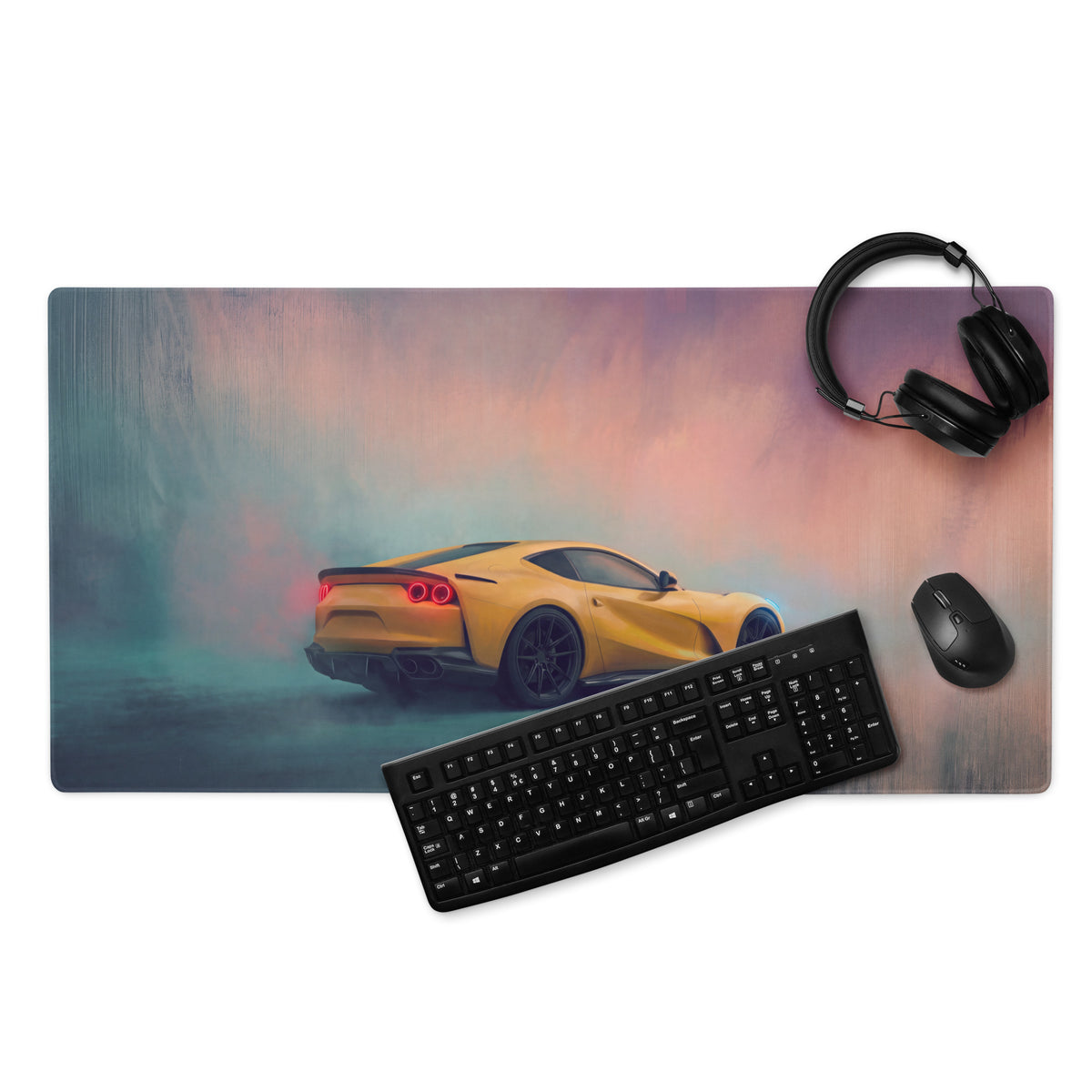 Sleek rectangular mousepad with vibrant yellow ferrari 812 superfast inspired sports car graphic on a gradient misty background