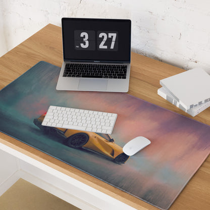 Yellow sports car graphic on ferrari 812 superfast inspired giallo sunset desk pad with non slip rubber base