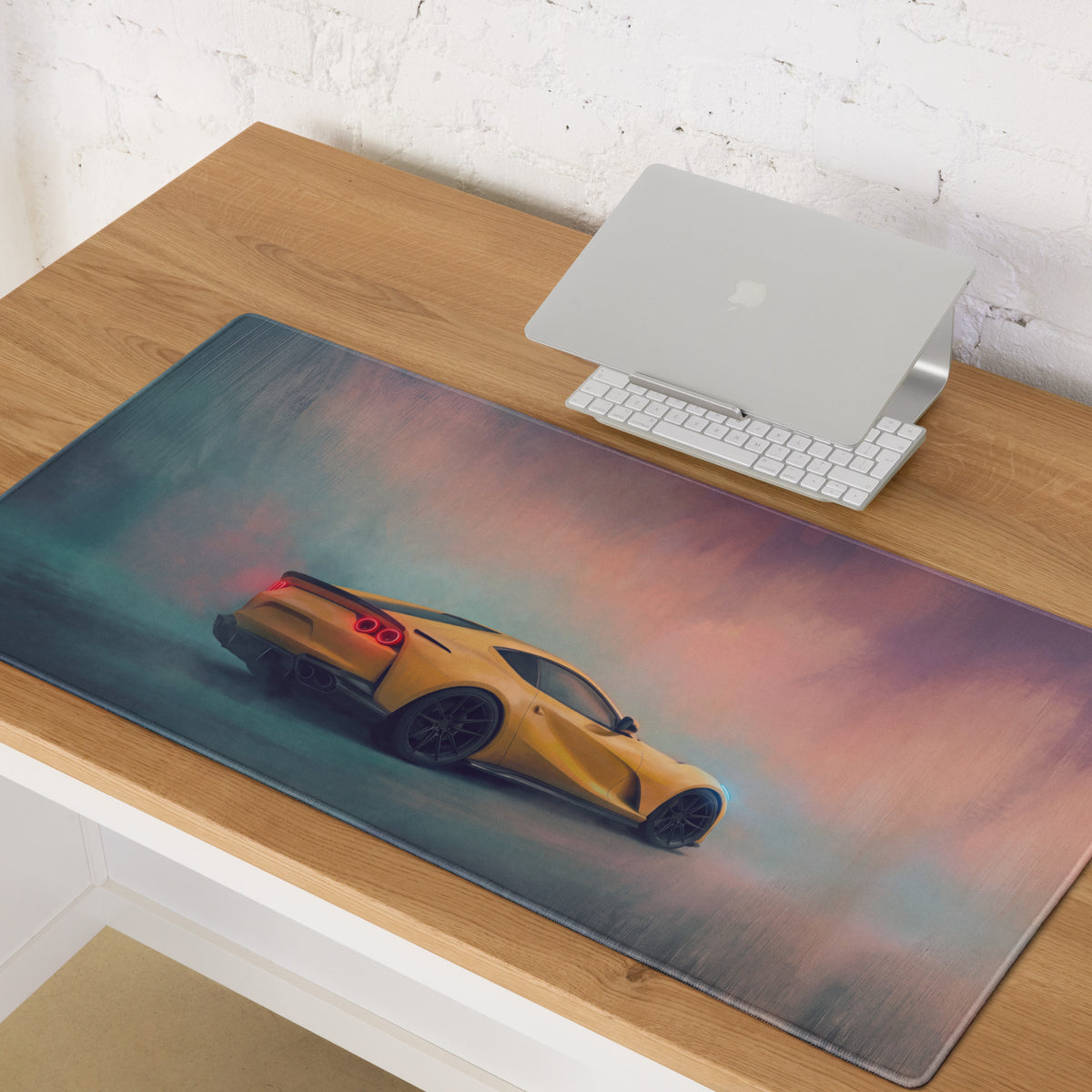 Yellow sports car graphic on a Ferrari 812 Superfast inspired giallo sunset extended gaming mousepad with non-slip rubber base