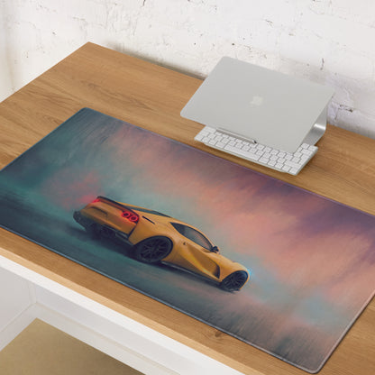 Yellow sports car graphic on a Ferrari 812 Superfast inspired giallo sunset extended gaming mousepad with non-slip rubber base