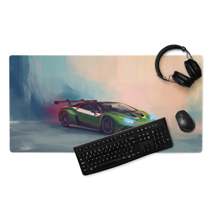 Green and black lamborghini huracán gt3 inspired verde racing graphic on rectangular xl gaming desk mat mousepad