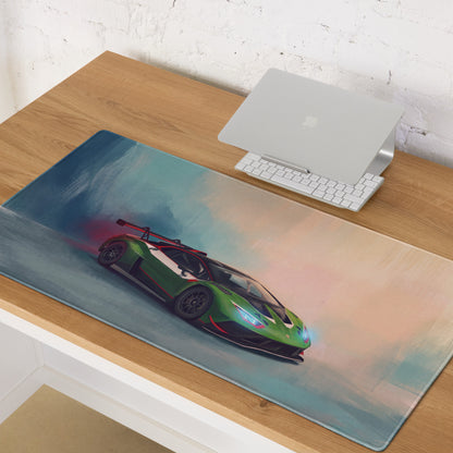 Lamborghini Huracán GT3 inspired verde racing desk mat with green and red race car graphic on a large rectangular mousepad