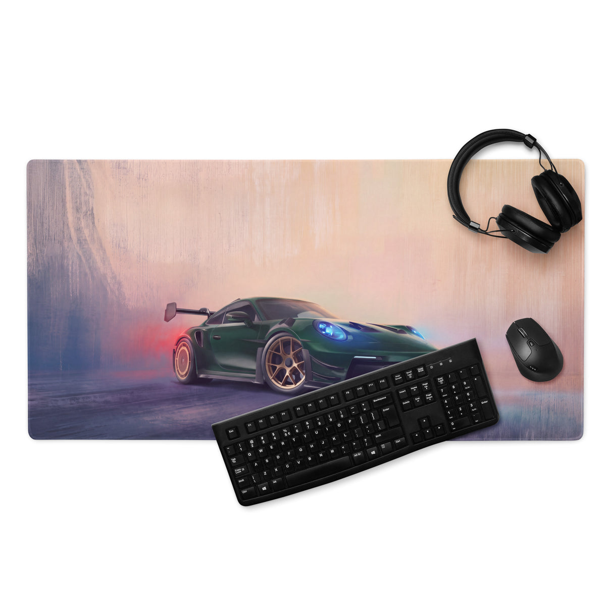Porsche 911 gt3 rs inspired forest gold desk pad with green sports car graphic and stitched edge xl gaming mouse mat