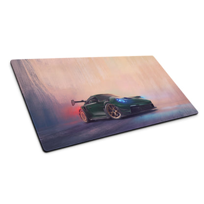 Porsche 911 gt3 rs inspired forest gold desk pad with green sports car graphic on stitched edge xl gaming mouse mat