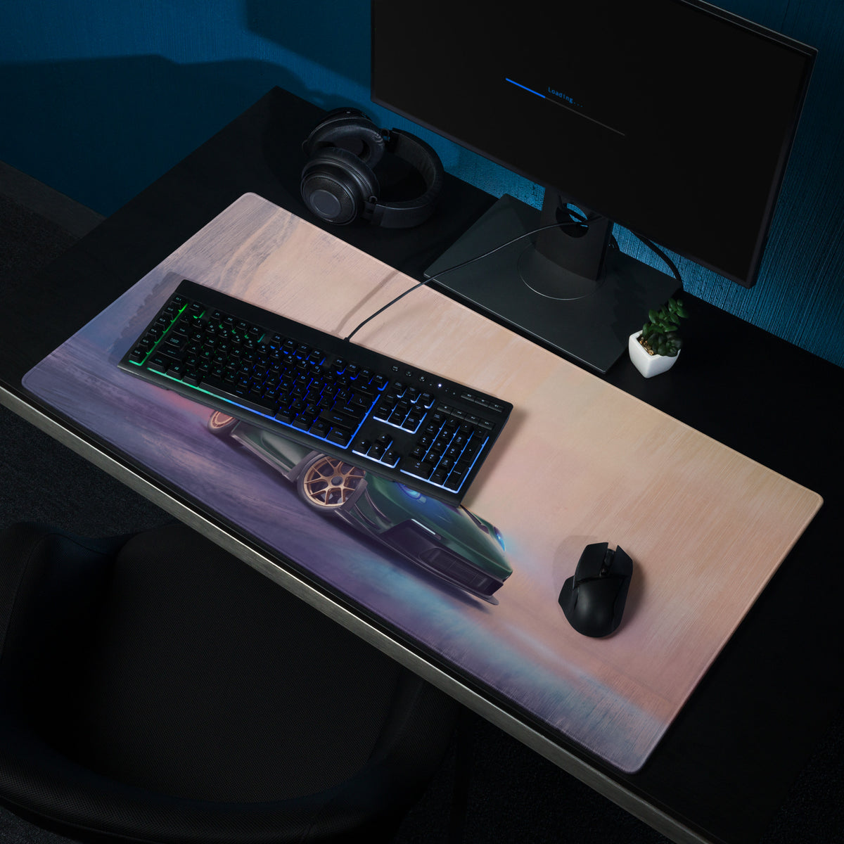 A sleek rectangular Porsche 911 GT3 RS inspired forest gold gaming mousepad with futuristic blue and purple car graphic