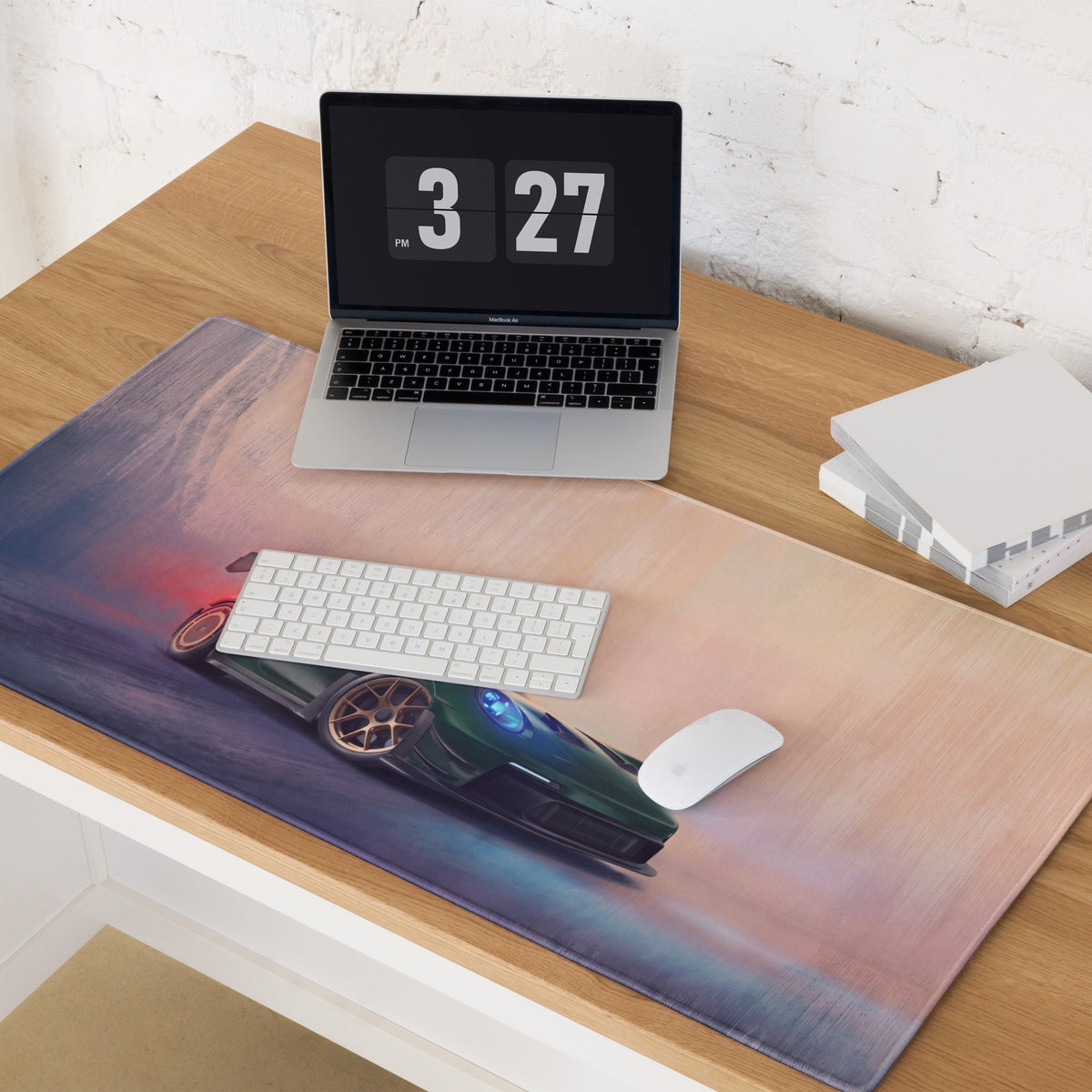 Rectangular stitched edge xl gaming mousepad featuring a vibrant green porsche 911 gt3 rs inspired sports car print on sunset sky