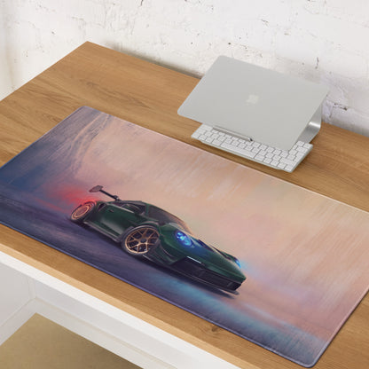 Green porsche 911 gt3 rs inspired forest gold stitched edge xl gaming mouse pad with sports car graphic