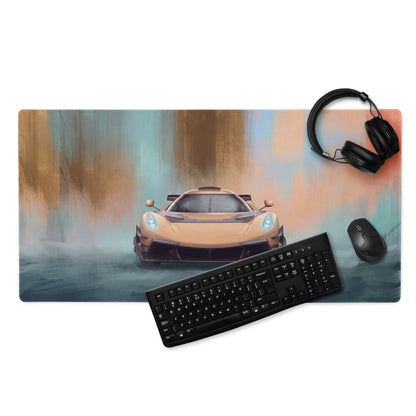 A koenigsegg jesko inspired gold frontale low-friction cloth mousepad with a tan sports car and teal orange abstract background