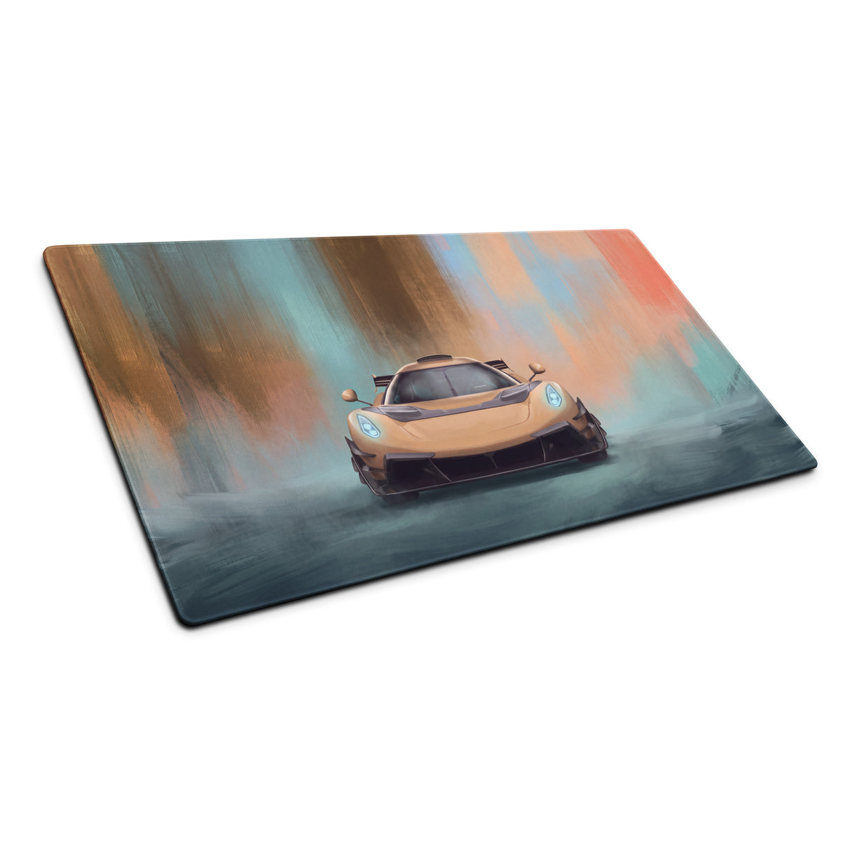Rectangular low-friction cloth gaming mousepad with vibrant golden koenigsegg jesko inspired sports car design