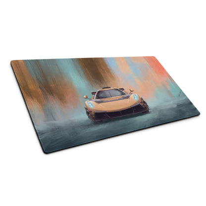 Rectangular low-friction cloth gaming mousepad with vibrant golden koenigsegg jesko inspired sports car design