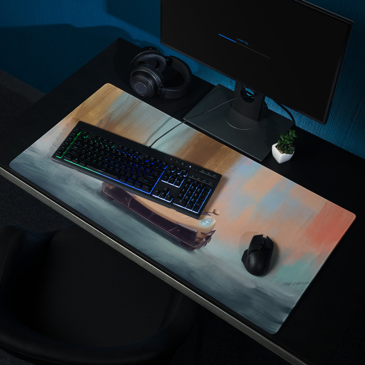 Koenigsegg Jesko inspired gold frontale rectangular gaming mousepad with soft watercolor design in muted blues grays and peach tones