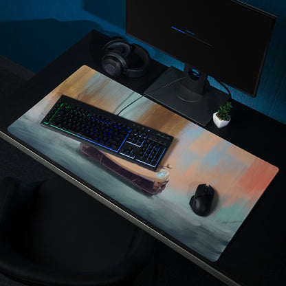 Koenigsegg Jesko inspired gold frontale rectangular gaming mousepad with soft watercolor design in muted blues grays and peach tones