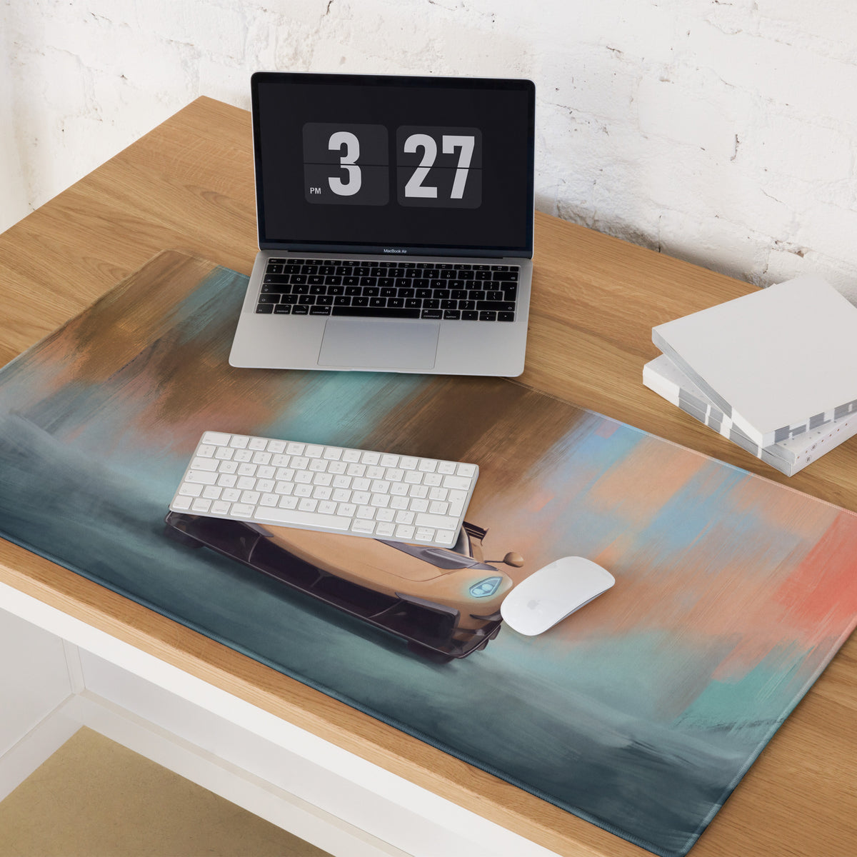 Koenigsegg Jesko inspired gold frontale desk mat with vibrant teal orange gray abstract watercolor design low-friction cloth mousepad