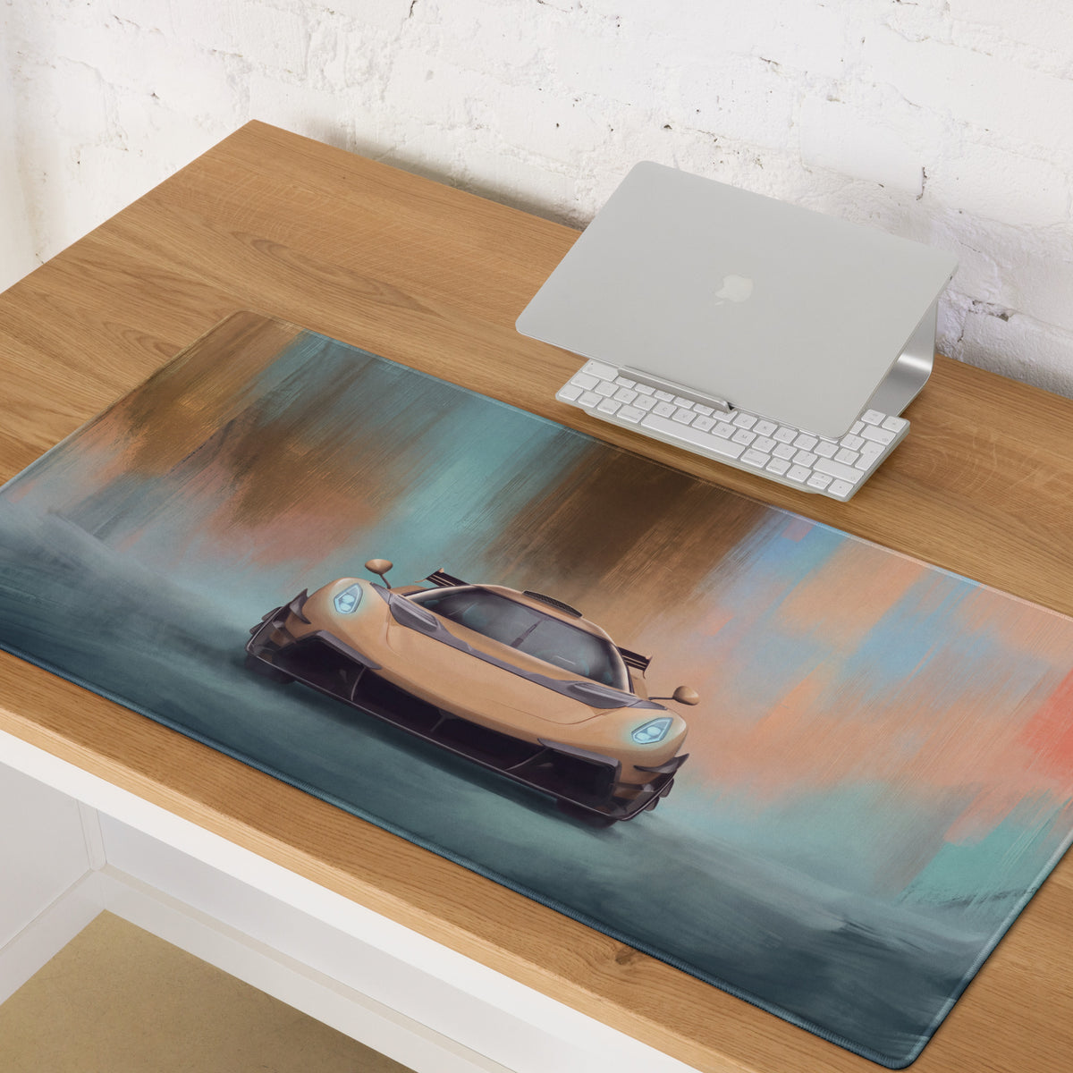 Koenigsegg Jesko inspired gold frontale desk mat with sleek tan sports car graphic on low-friction cloth surface