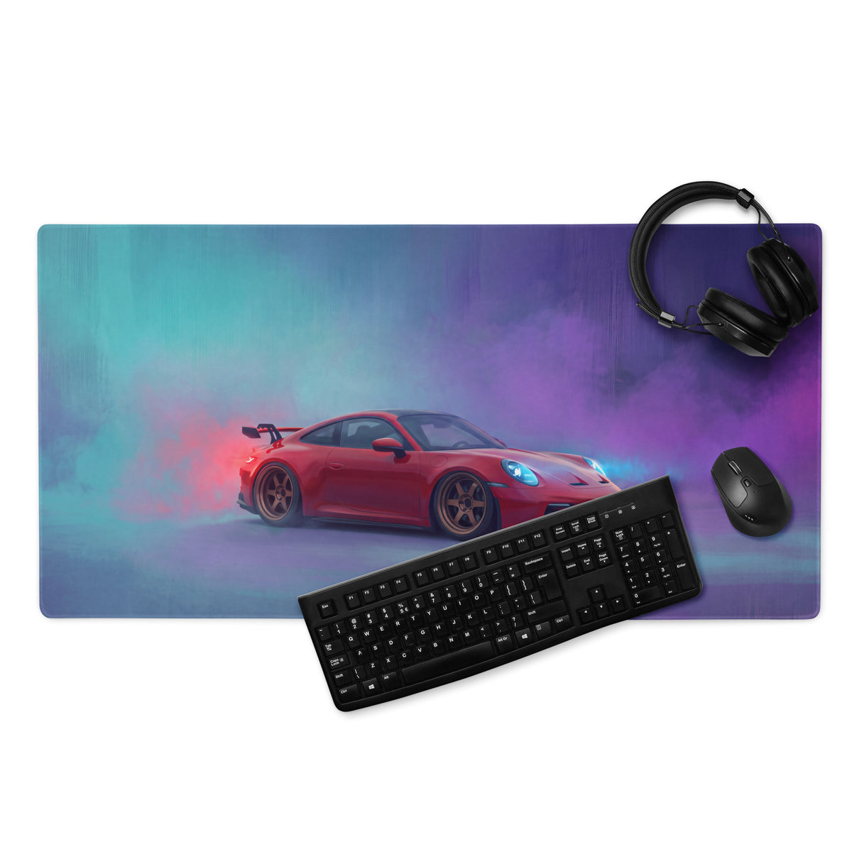 Red porsche 911 gt3 rs inspired crimson drift desk pad featuring a vibrant gradient non slip mouse mat design