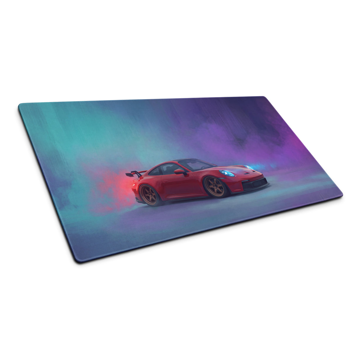 Red porsche 911 gt3 rs inspired crimson drift extended gaming mousepad with non slip base and vibrant aurora background