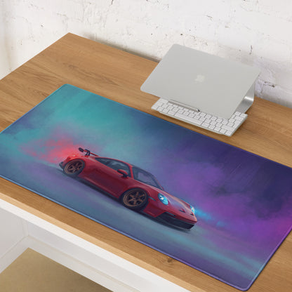 Red porsche 911 gt3 rs inspired crimson drift rectangular soft textured mousepad with vibrant teal purple gradient background
