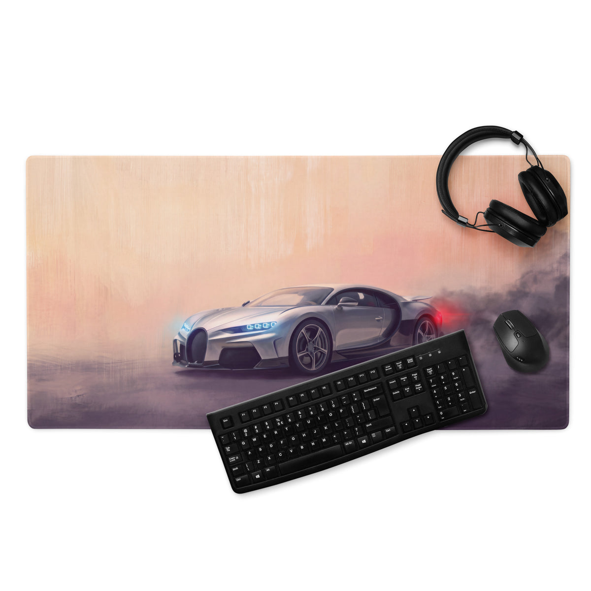 Silver Bugatti Chiron graphic printed on a rectangular XL gaming desk mat for high-precision mouse control