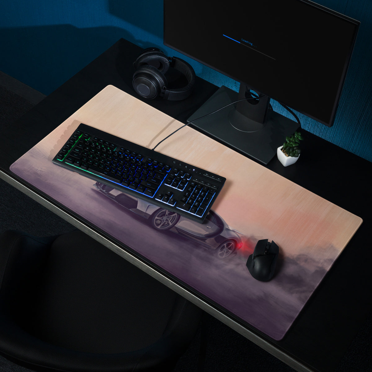 Bugatti chiron inspired silver apex desk mat featuring a vibrant silver sports car drifting on a purple and orange background