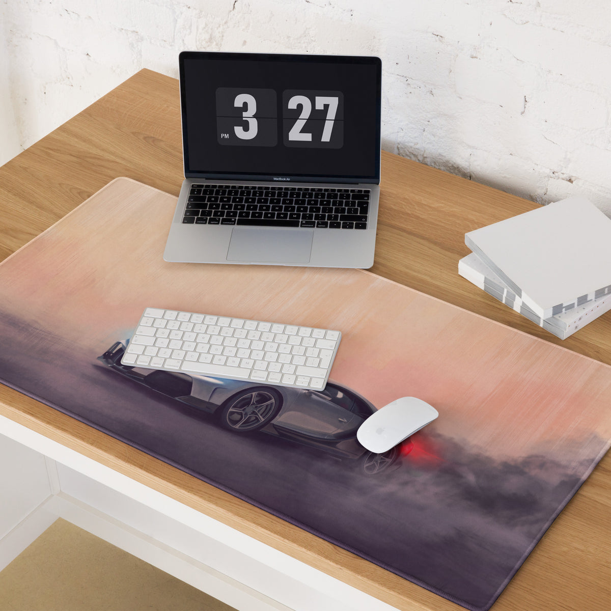 Long rectangular black gaming mousepad featuring a sleek Bugatti Chiron inspired silver apex design on pink purple sunset