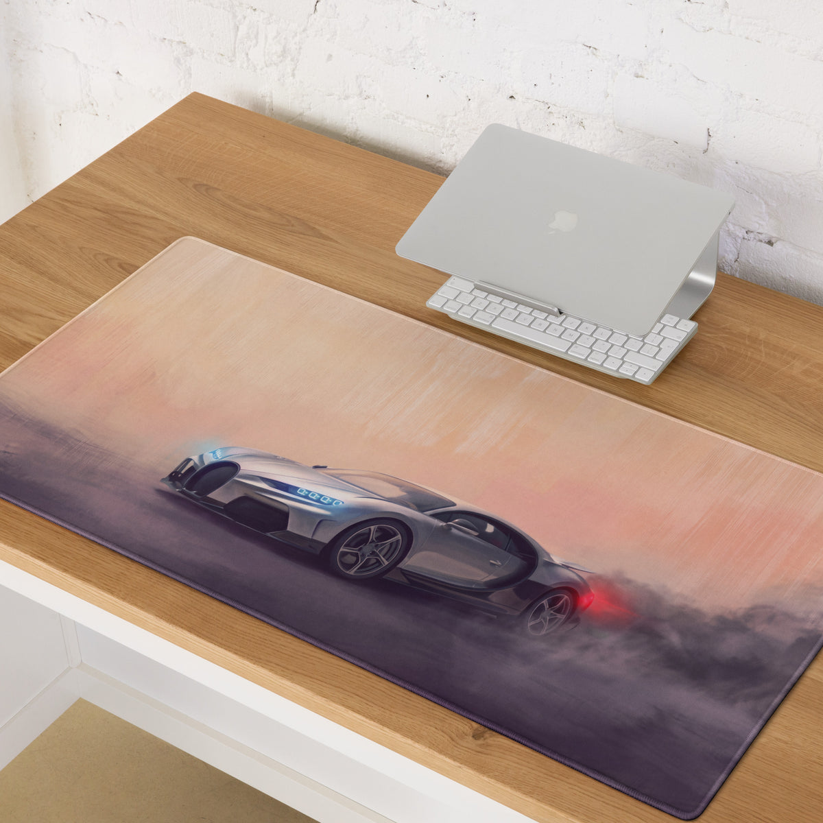 Bugatti Chiron inspired silver gray racing car graphic on a smoky orange purple gradient high precision XL desk mat
