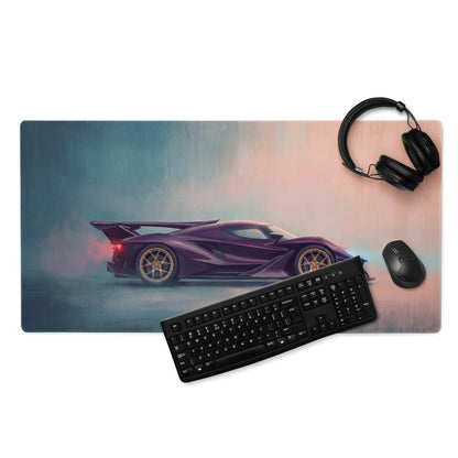 Purple sports car graphic on apollo ie inspired midnight violet desk pad with stitched edge ultra-glide surface