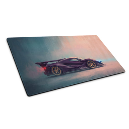 Purple sports car illustration on a midnight violet ultra-glide stitched edge gaming mousepad desk mat