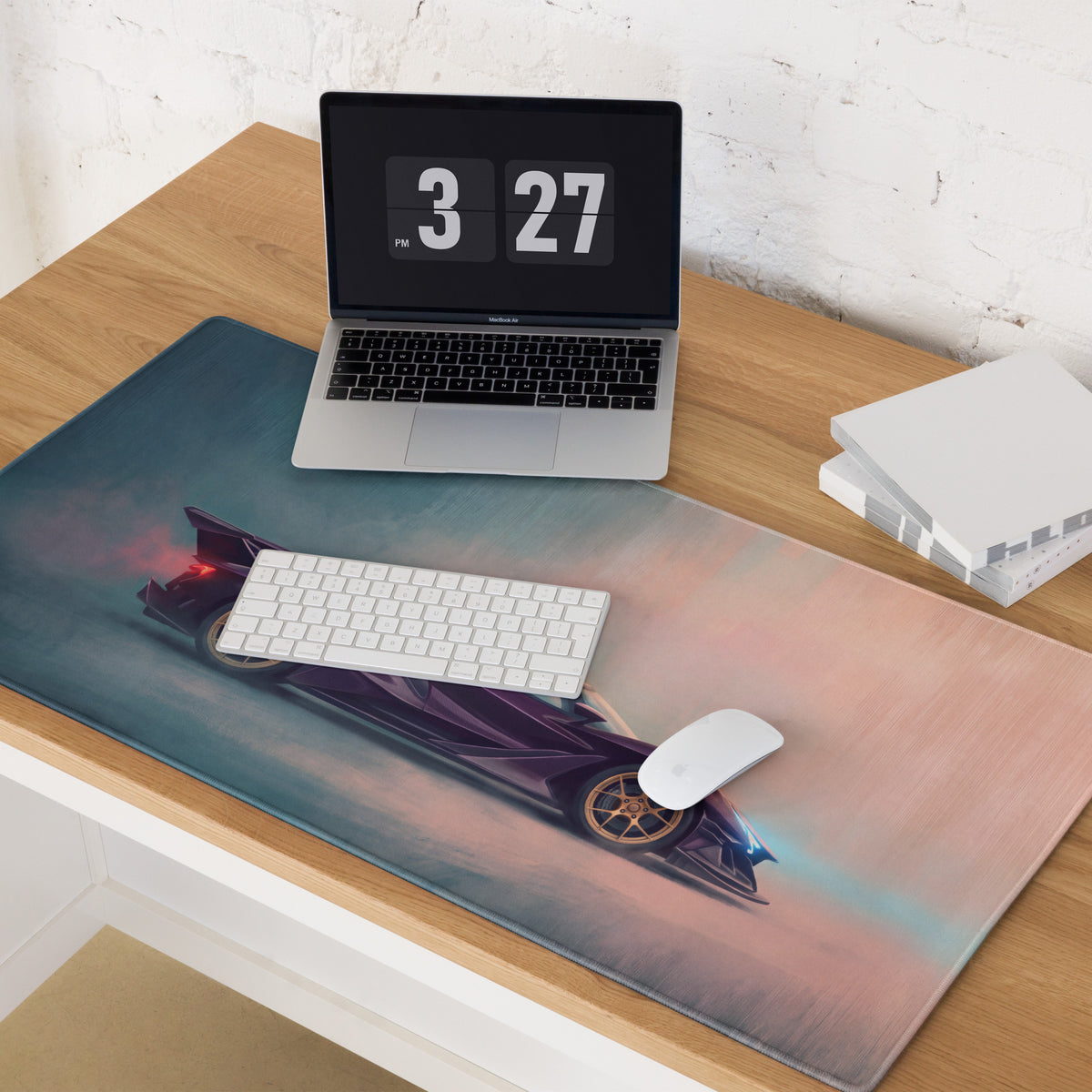 Apollo IE inspired midnight violet desk pad featuring a sleek purple sports car graphic on an ultra-glide stitched edge mat