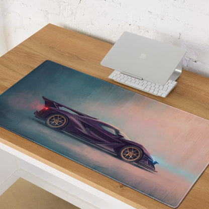 Apollo ie inspired midnight violet desk pad features purple and gold hypercar graphic on soft textured gaming mouse mat