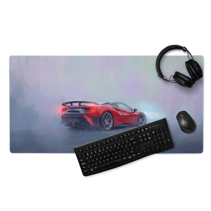 Red ferrari 488 pista inspired rosso mist graphic on low friction cloth gaming mousepad desk mat