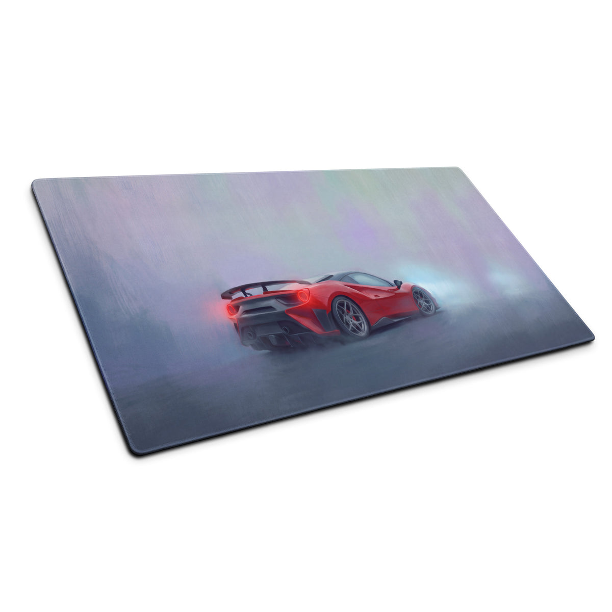 Red ferrari 488 pista inspired rosso mist desk mat featuring a glossy red ferrari sports car graphic on low-friction cloth