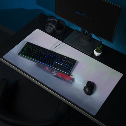 White low-friction cloth gaming mousepad featuring red ferrari 488 pista inspired sports car graphic with subtle glow effect
