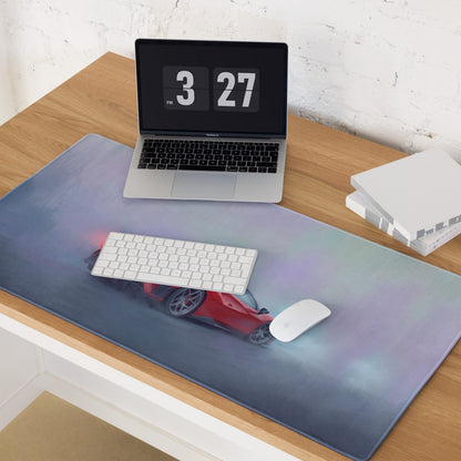 Ferrari 488 pista inspired rosso mist desk mat featuring a sleek red sports car on a low-friction cloth mousepad