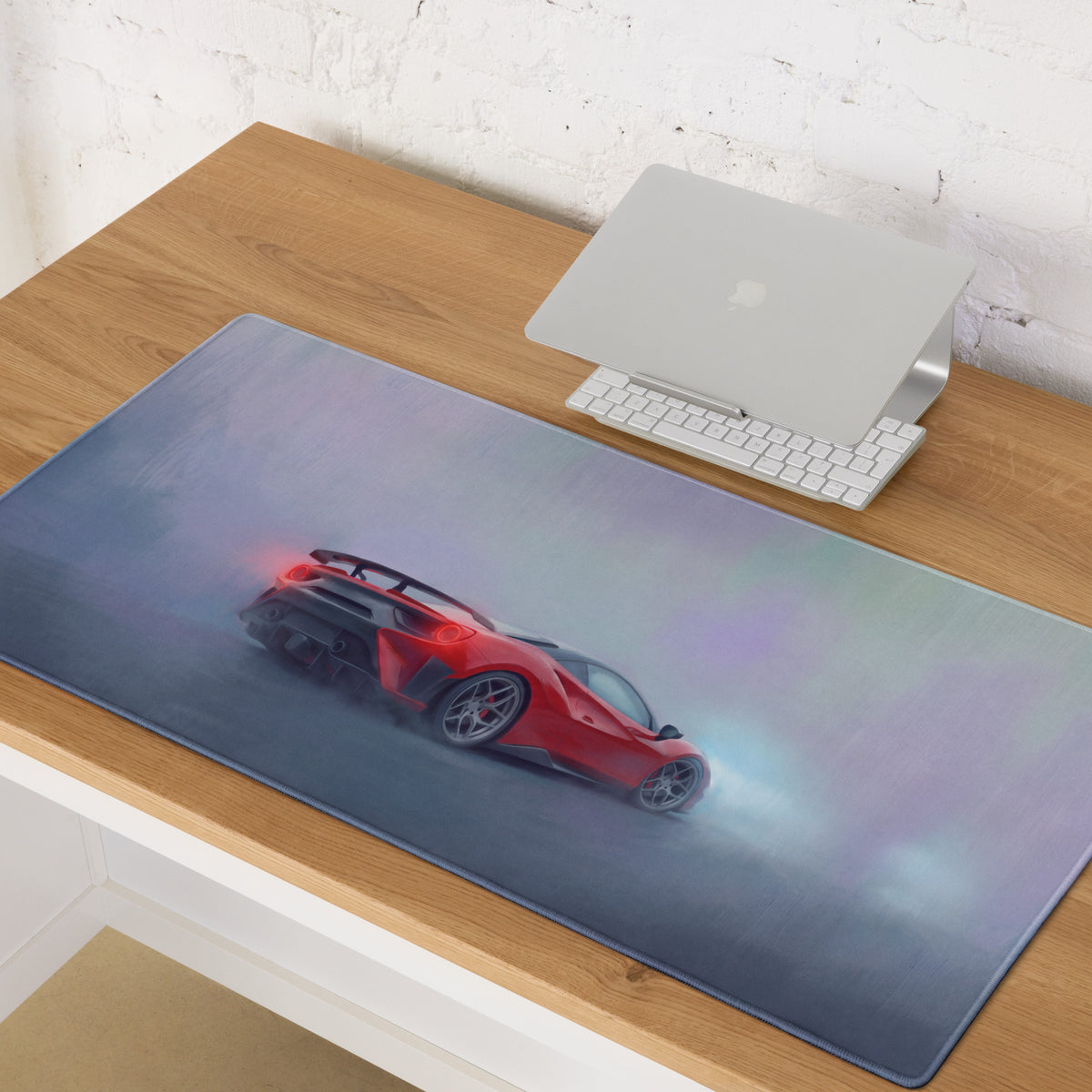 Red ferrari 488 pista inspired rosso mist desk mat with red sports car graphic printed on glossy low-friction cloth mousepad