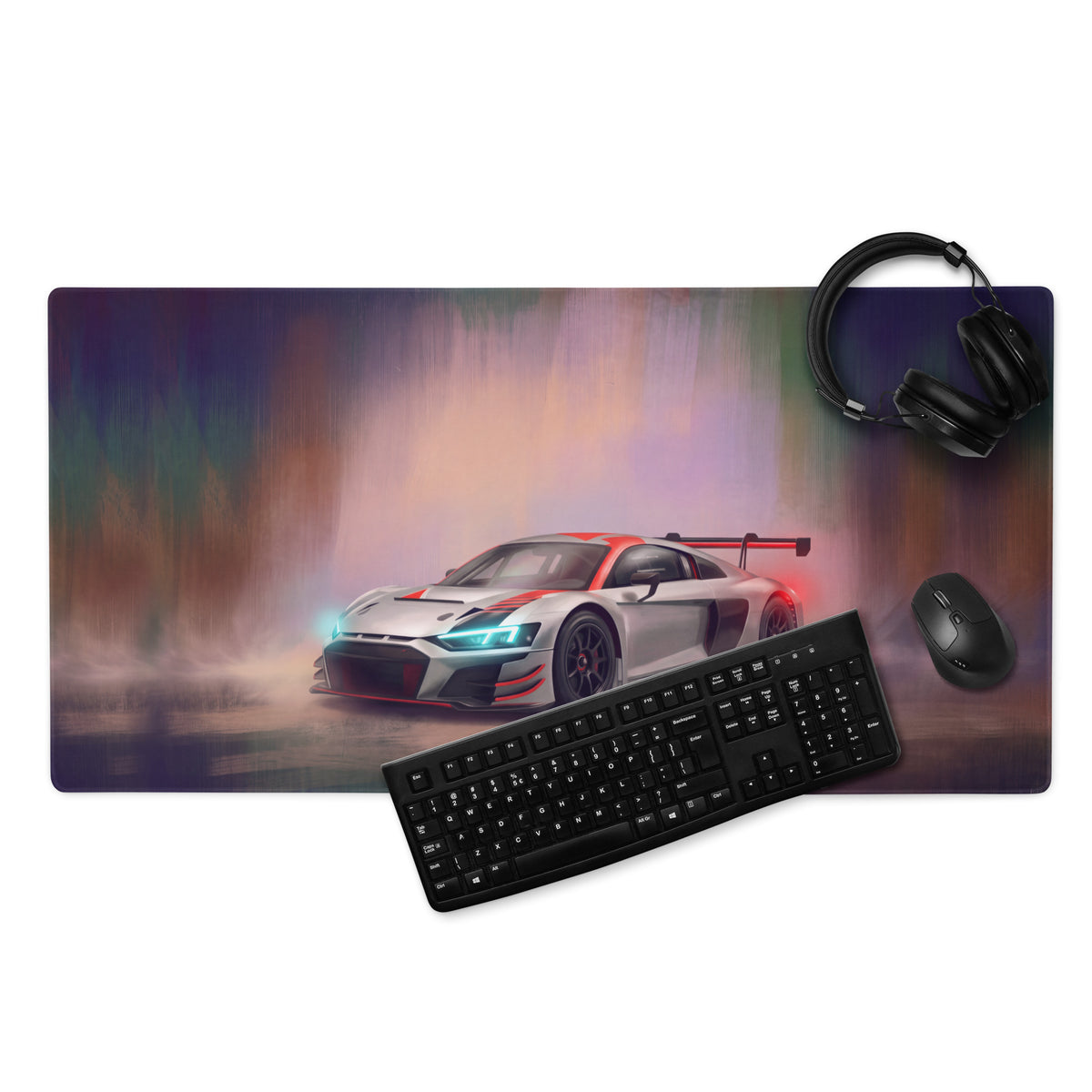 A sleek silver and red audi r8 race car graphic on a large extended non-slip gaming mousepad desk mat