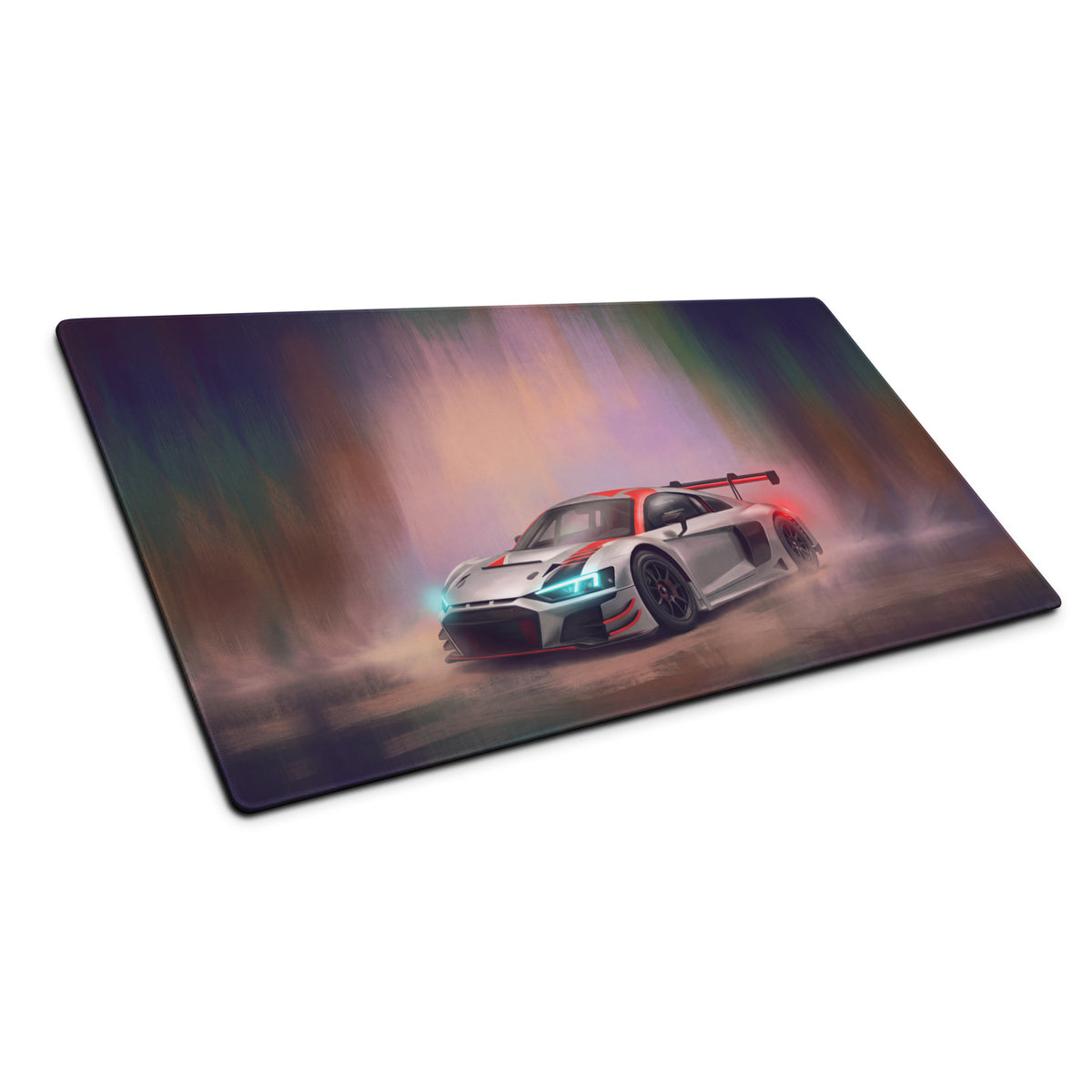 Audi R8 LMS inspired extended non-slip gaming mousepad with vibrant white and red race car and blue headlights design