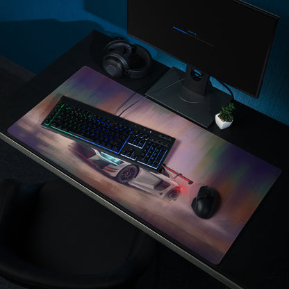 Audi R8 LMS inspired extended non-slip gaming mousepad with vibrant white and red race car on colorful gradient sky background