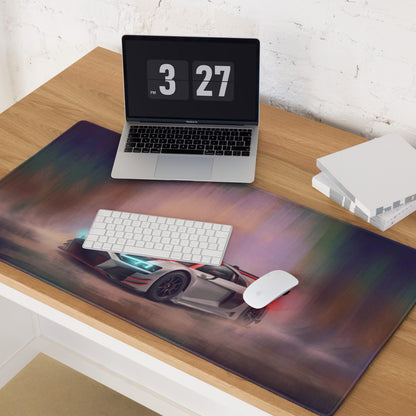 Audi R8 LMS inspired extended non slip gaming mousepad with white and red sports car graphic on purple orange background