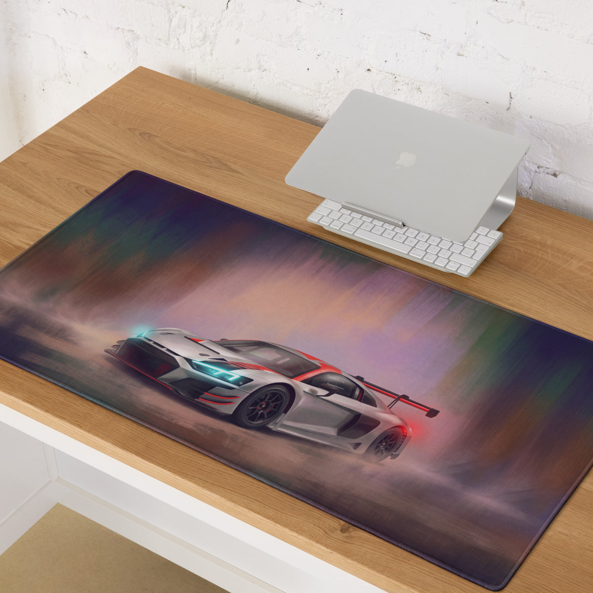 Audi R8 LMS inspired extended non-slip gaming mousepad with vibrant silver and red race car on purple orange background