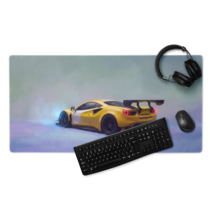 Rectangular ultra-glide stitched edge gaming mousepad with yellow and white Ferrari 488 GT3 inspired racing car graphic