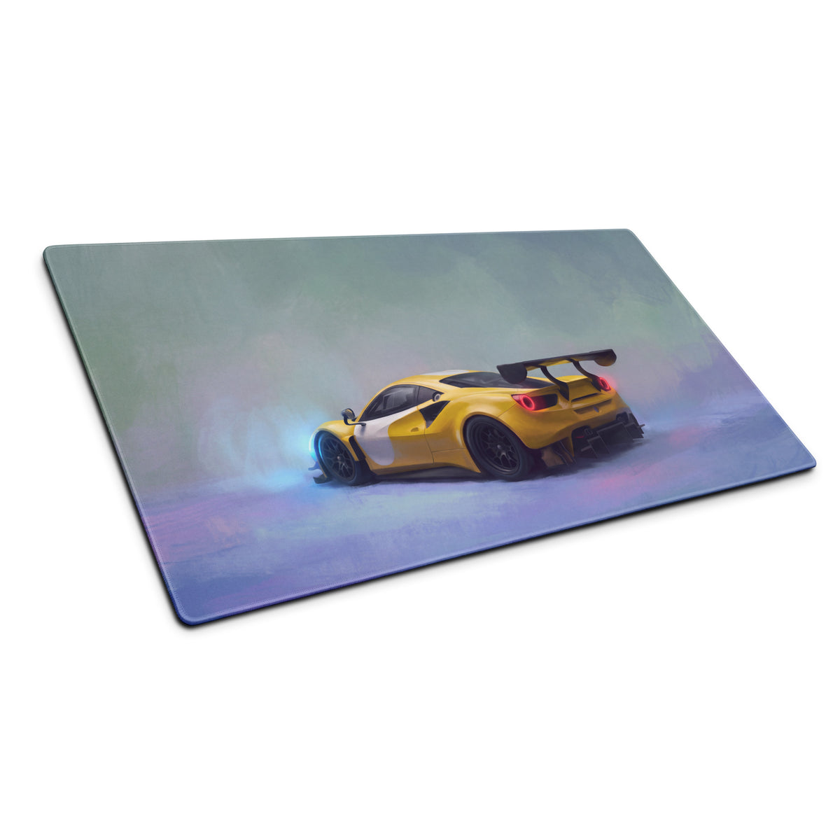 Yellow racing car graphic on ferrari 488 gt3 inspired modena circuit desk pad ultra glide stitched edge mat