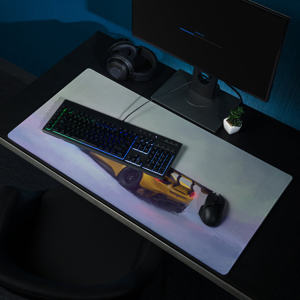 Ferrari 488 gt3 inspired modena circuit gaming mousepad with vibrant yellow sports car and glowing blue green stitched edges