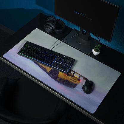Ferrari 488 gt3 inspired modena circuit gaming mousepad with vibrant yellow sports car and glowing blue green stitched edges